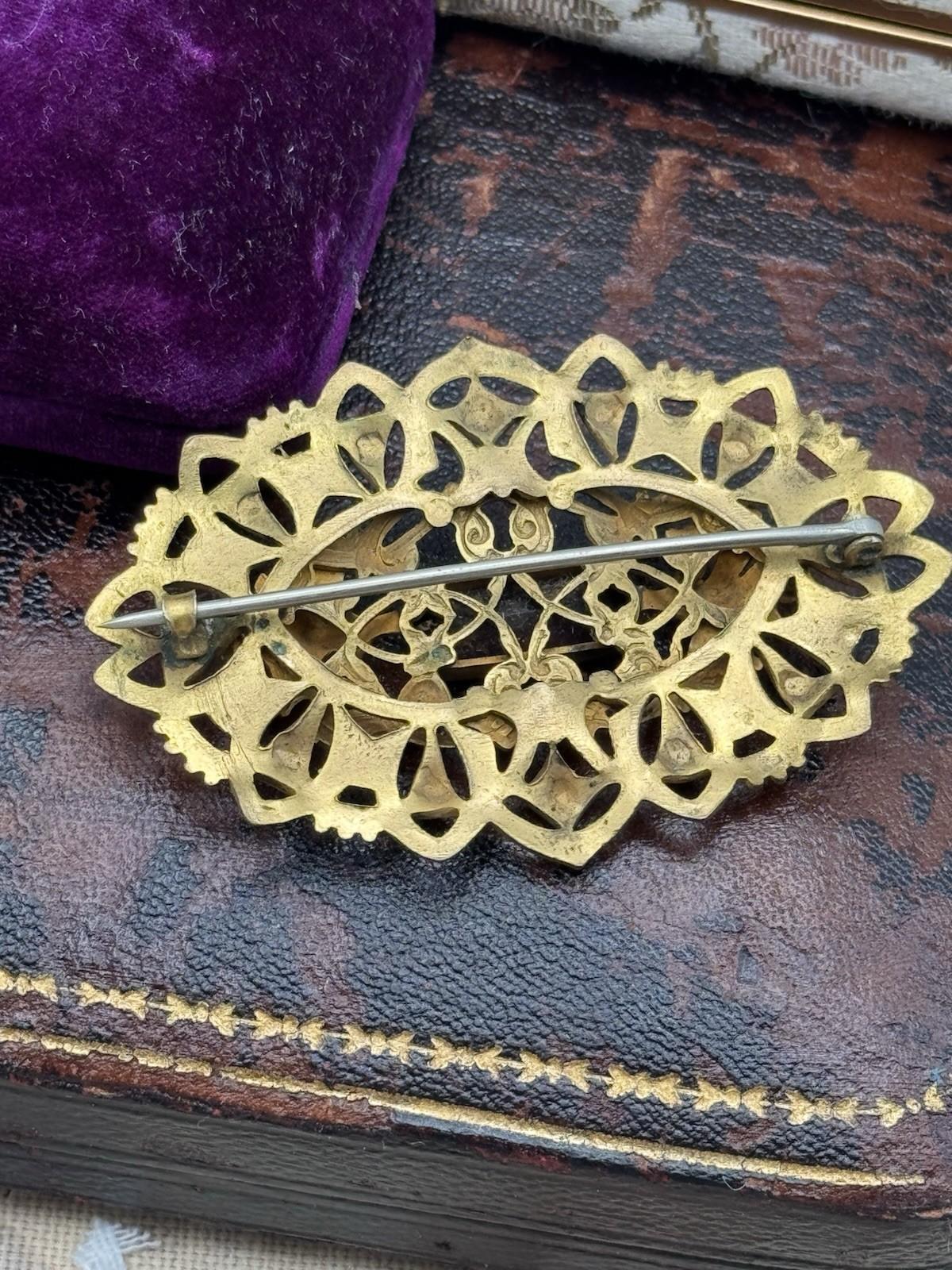 Antique Brass Sash Brooch Large Purple Glass Stone Filigree Victorian 2.75in