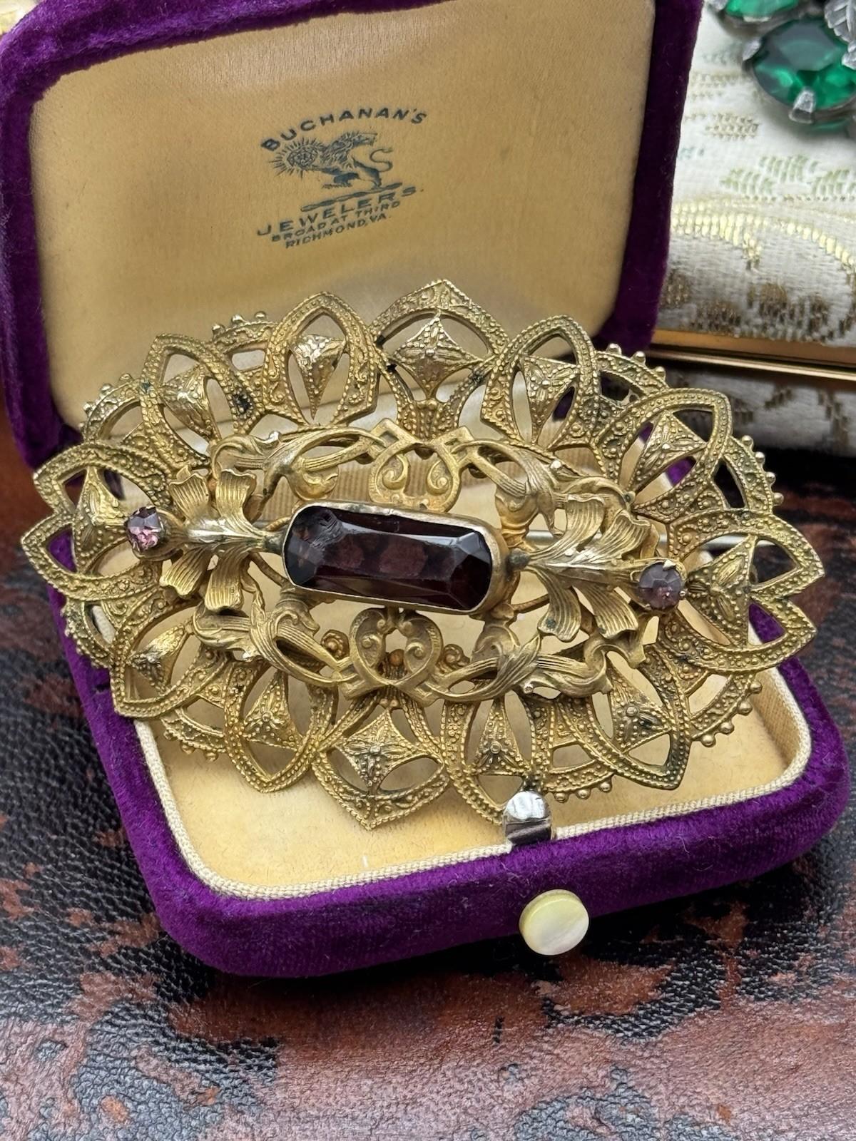 Antique Brass Sash Brooch Large Purple Glass Stone Filigree Victorian 2.75in