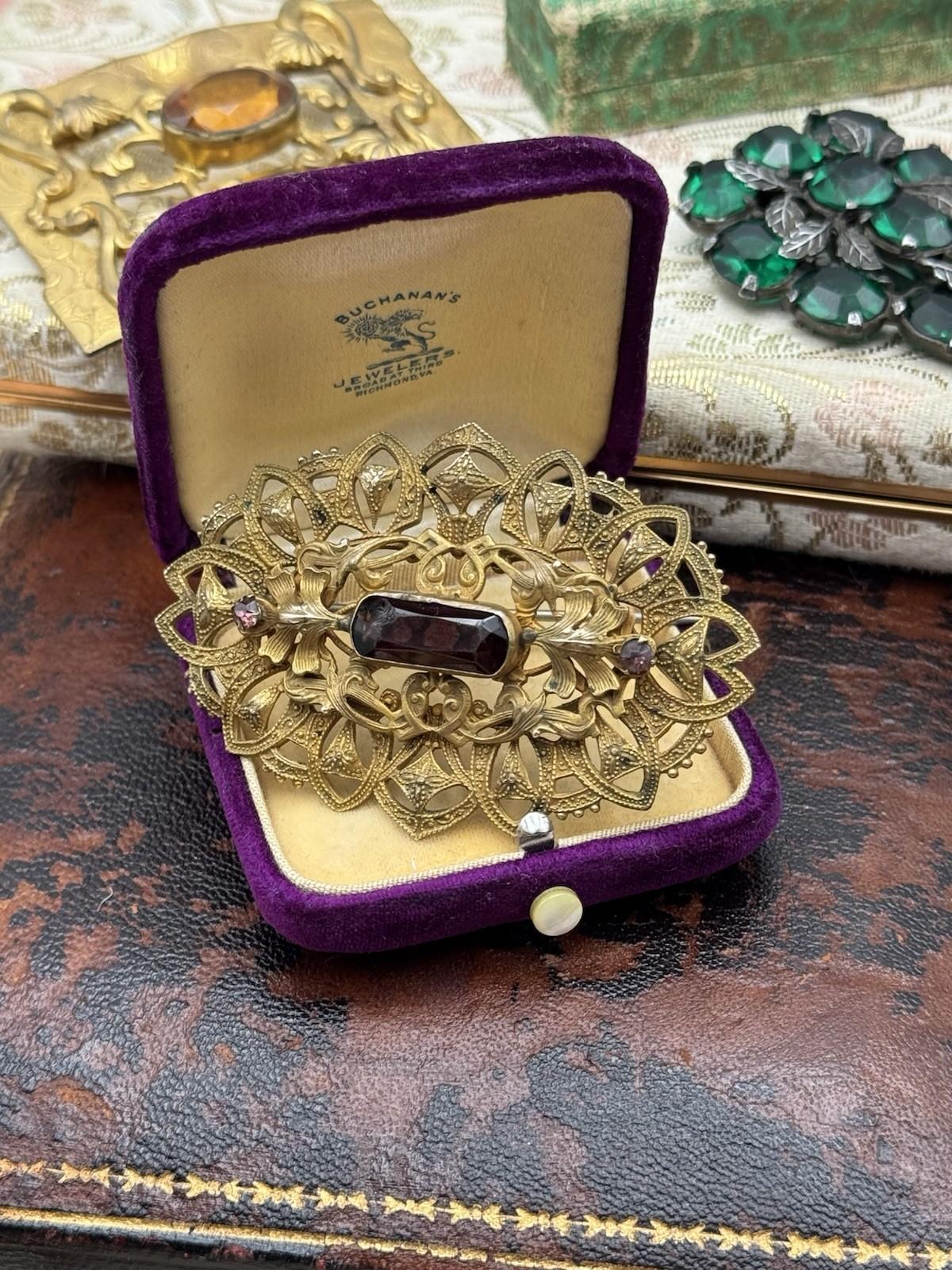 Antique Brass Sash Brooch Large Purple Glass Stone Filigree Victorian 2.75in