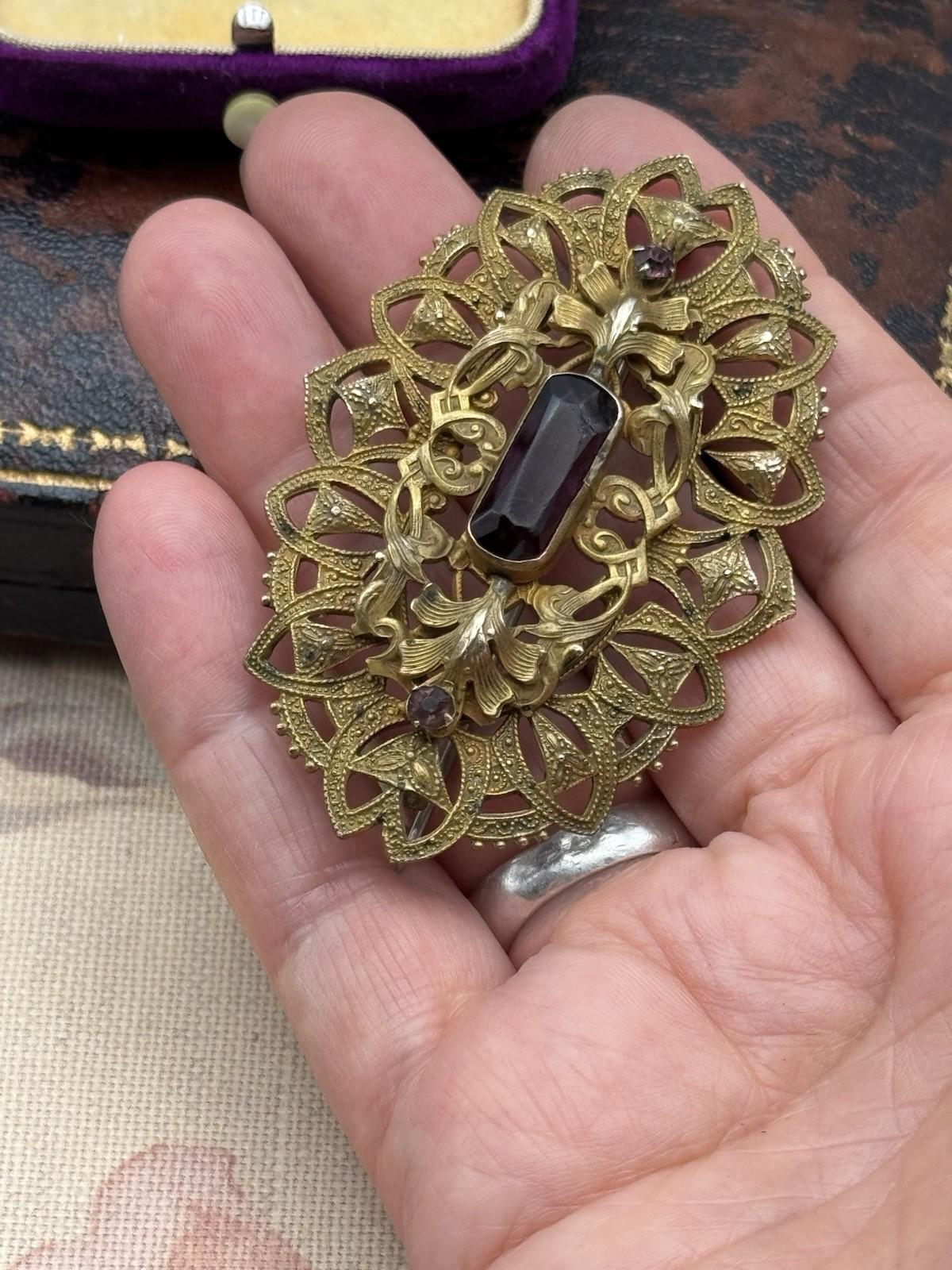 Antique Brass Sash Brooch Large Purple Glass Stone Filigree Victorian 2.75in