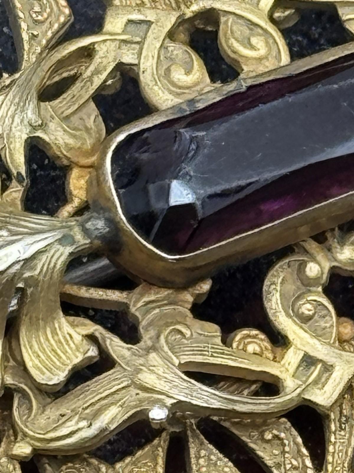 Antique Brass Sash Brooch Large Purple Glass Stone Filigree Victorian 2.75in