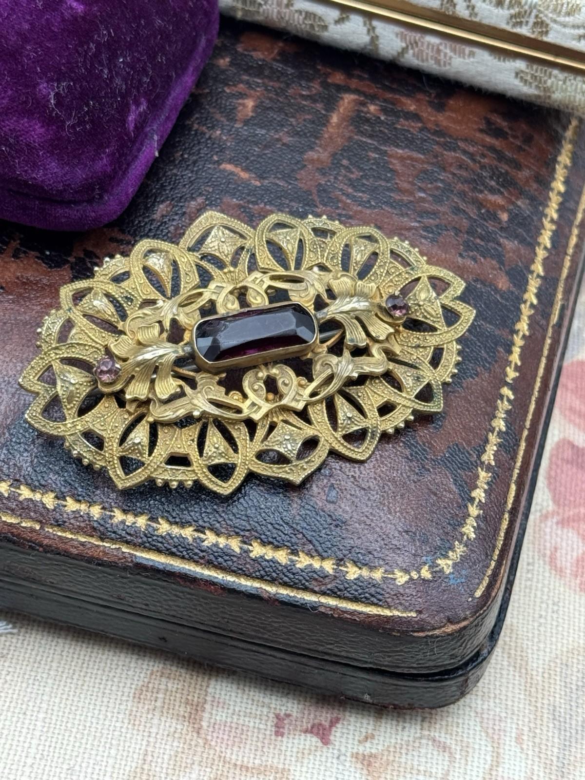 Antique Brass Sash Brooch Large Purple Glass Stone Filigree Victorian 2.75in