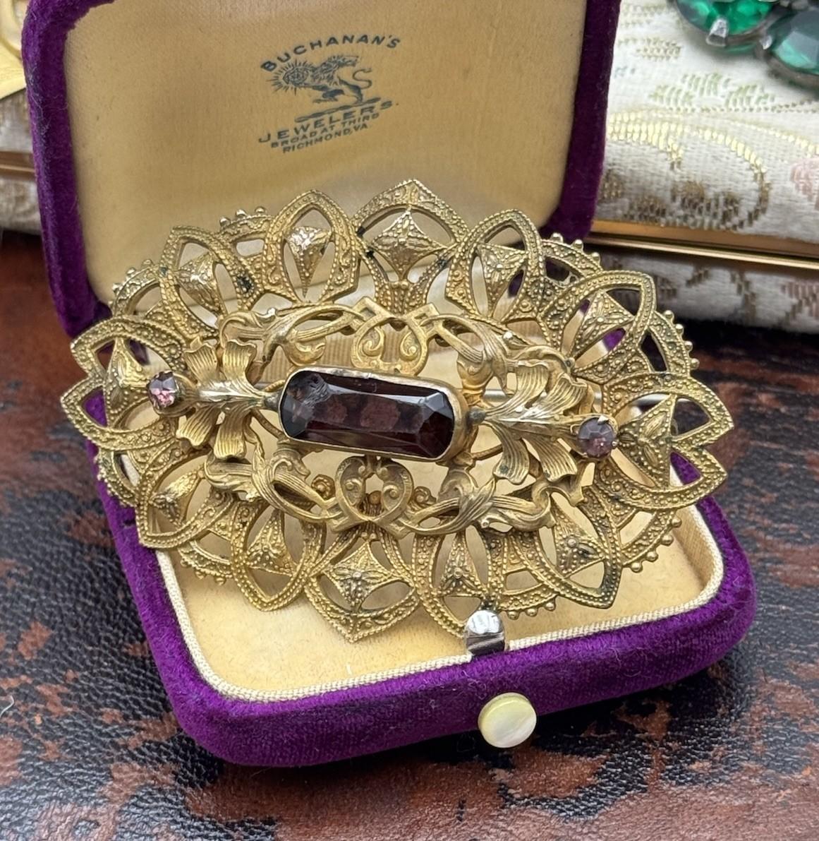 Antique Brass Sash Brooch Large Purple Glass Stone Filigree Victorian 2.75in