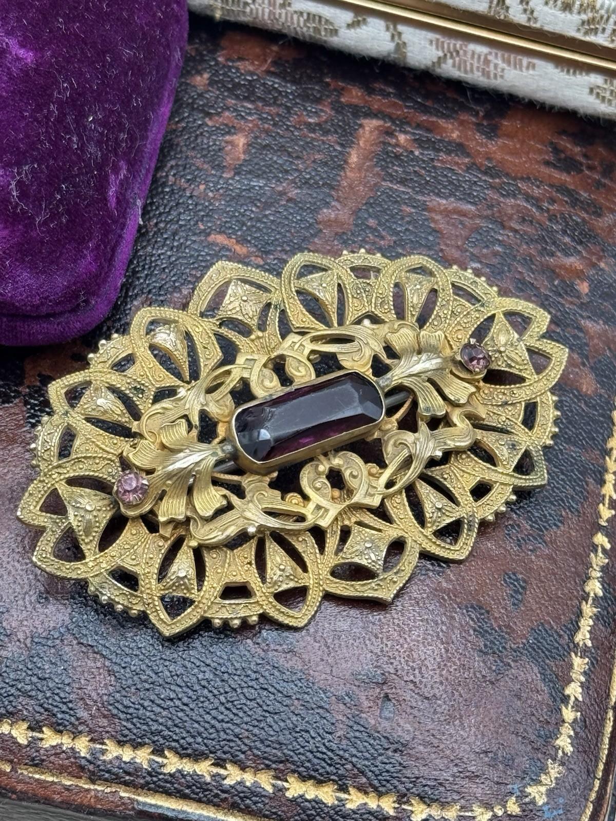 Antique Brass Sash Brooch Large Purple Glass Stone Filigree Victorian 2.75in