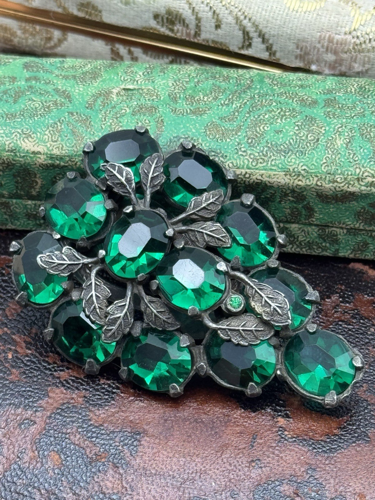 Antique Art Deco Czech Style GREEN Rhinestone Cluster Dress Clip 2.4in