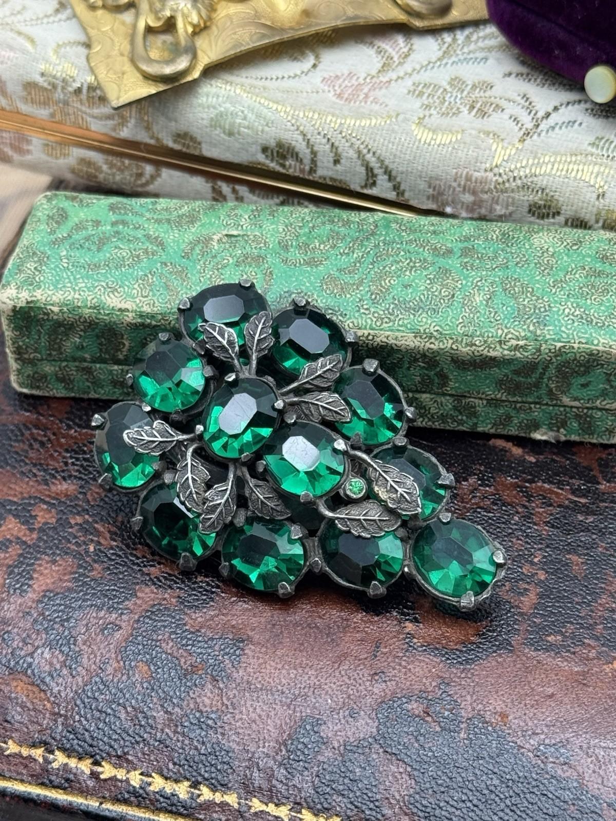 Antique Art Deco Czech Style GREEN Rhinestone Cluster Dress Clip 2.4in