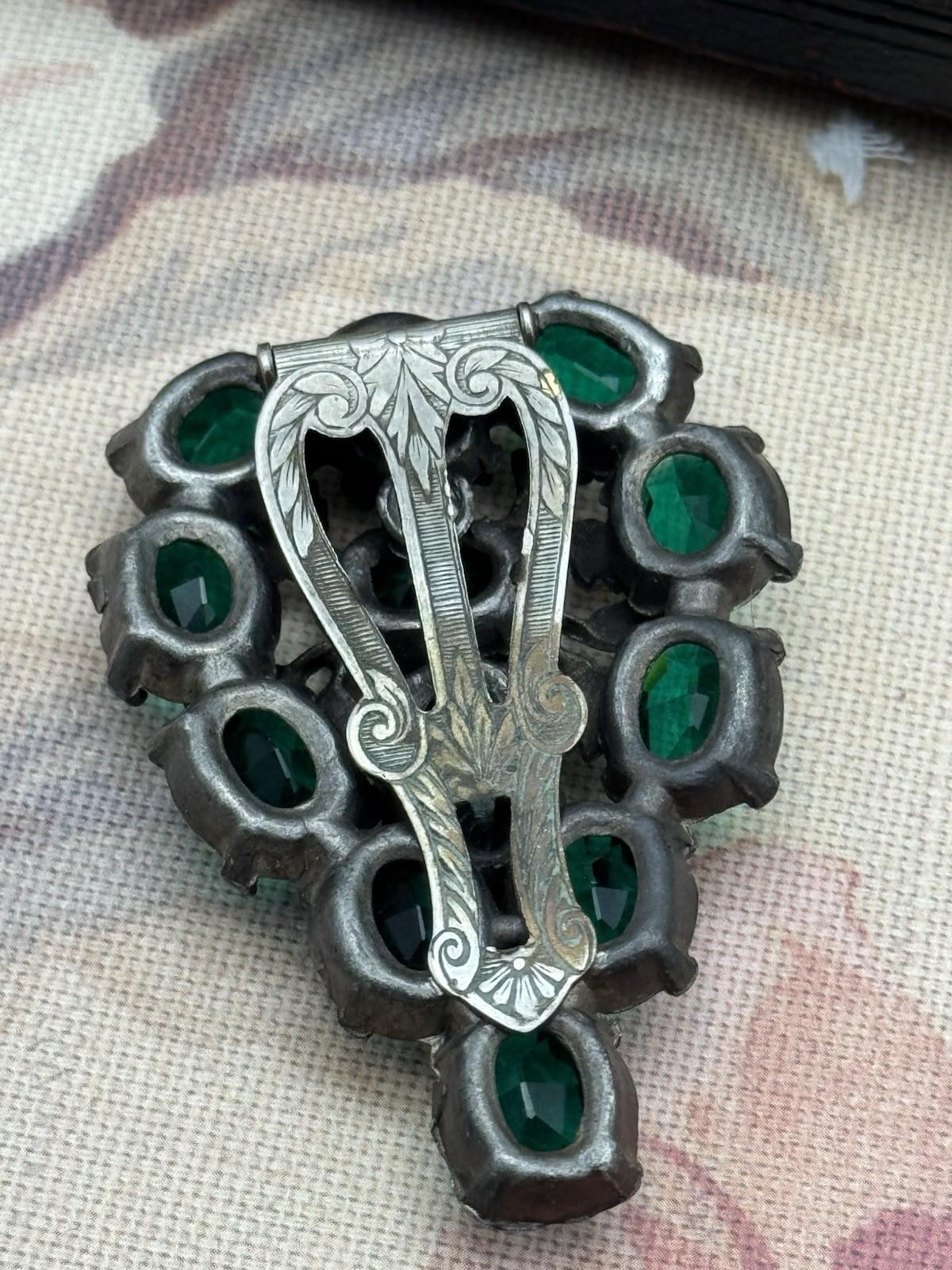 Antique Art Deco Czech Style GREEN Rhinestone Cluster Dress Clip 2.4in