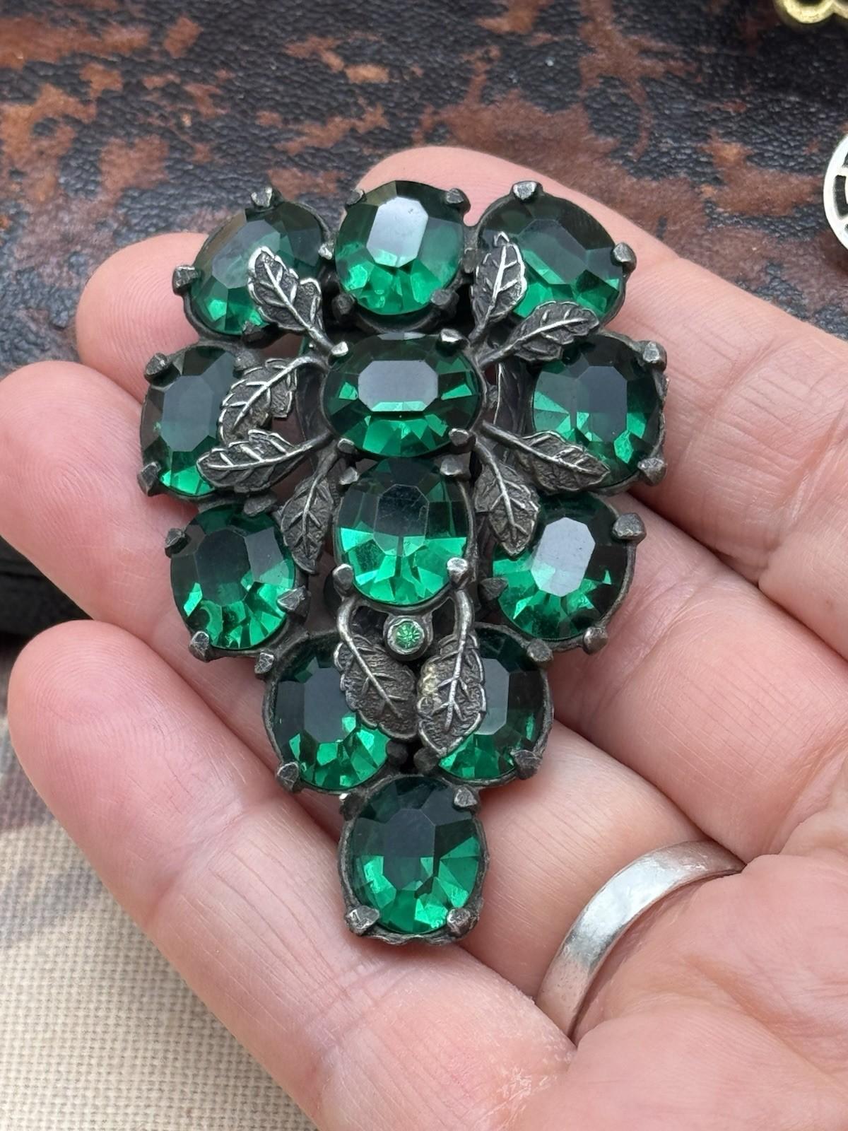 Antique Art Deco Czech Style GREEN Rhinestone Cluster Dress Clip 2.4in