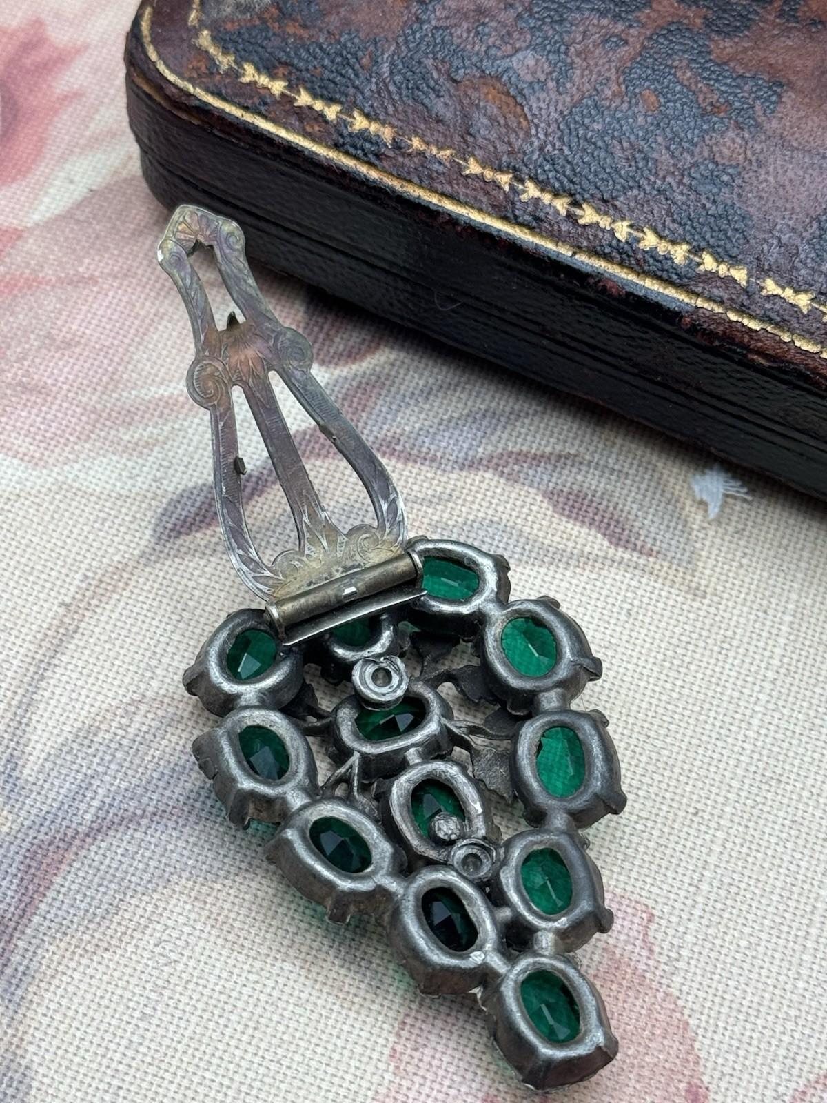 Antique Art Deco Czech Style GREEN Rhinestone Cluster Dress Clip 2.4in