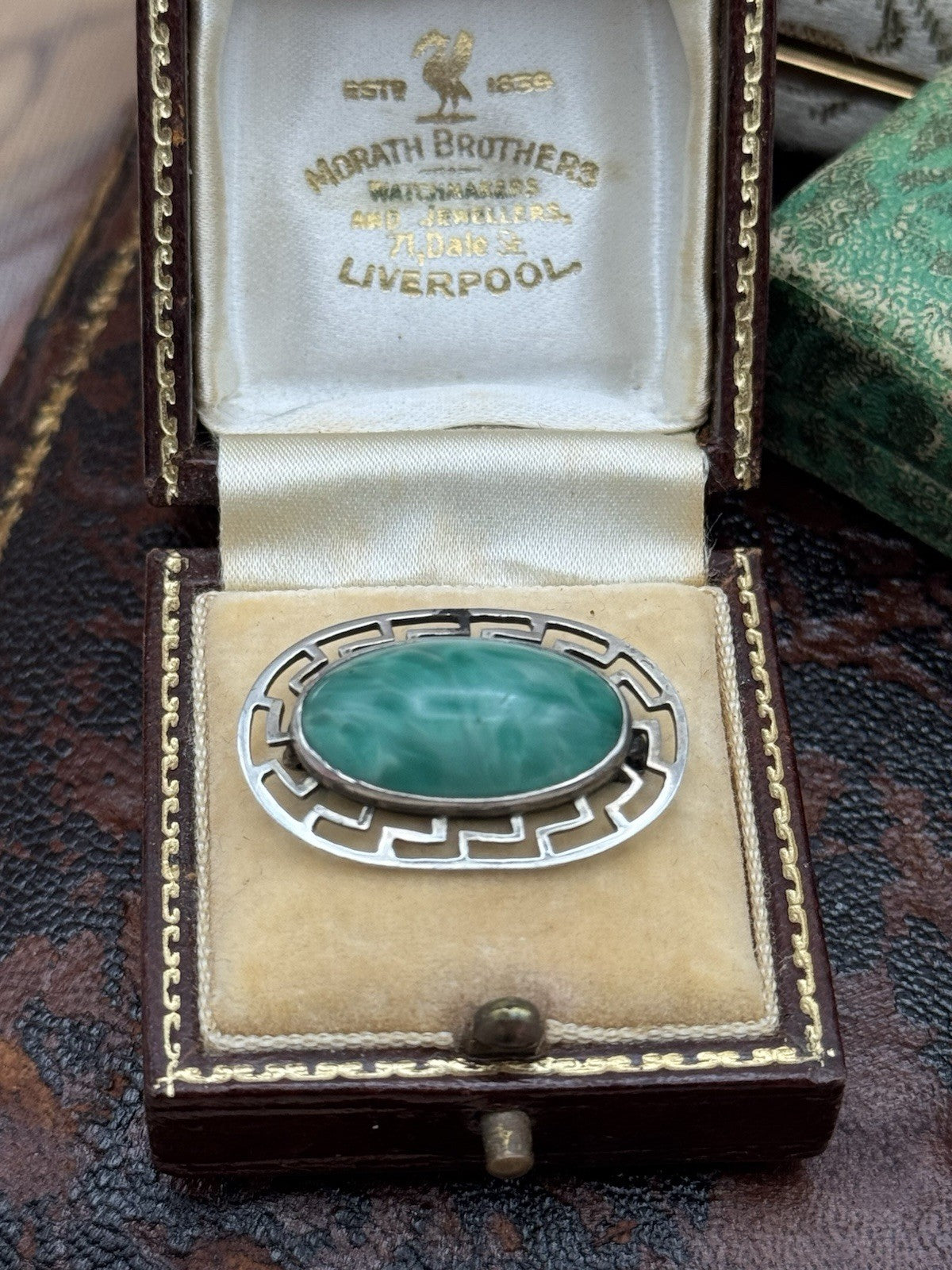 Antique Sterling Greek Key Brooch Green Art Glass Cabochon 1.25in Pin