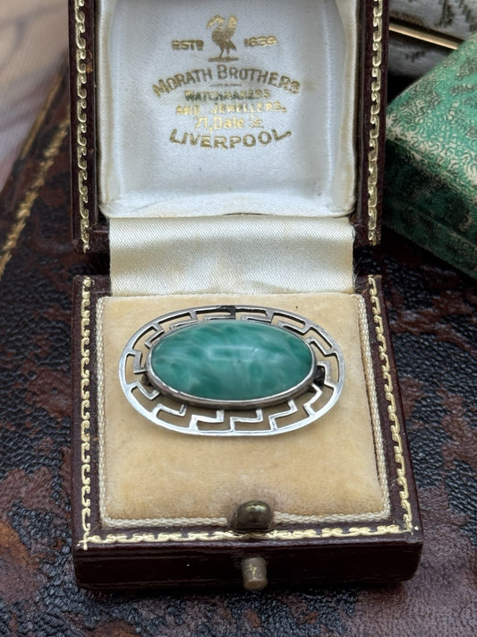 Antique Sterling Greek Key Brooch Green Art Glass Cabochon 1.25in Pin