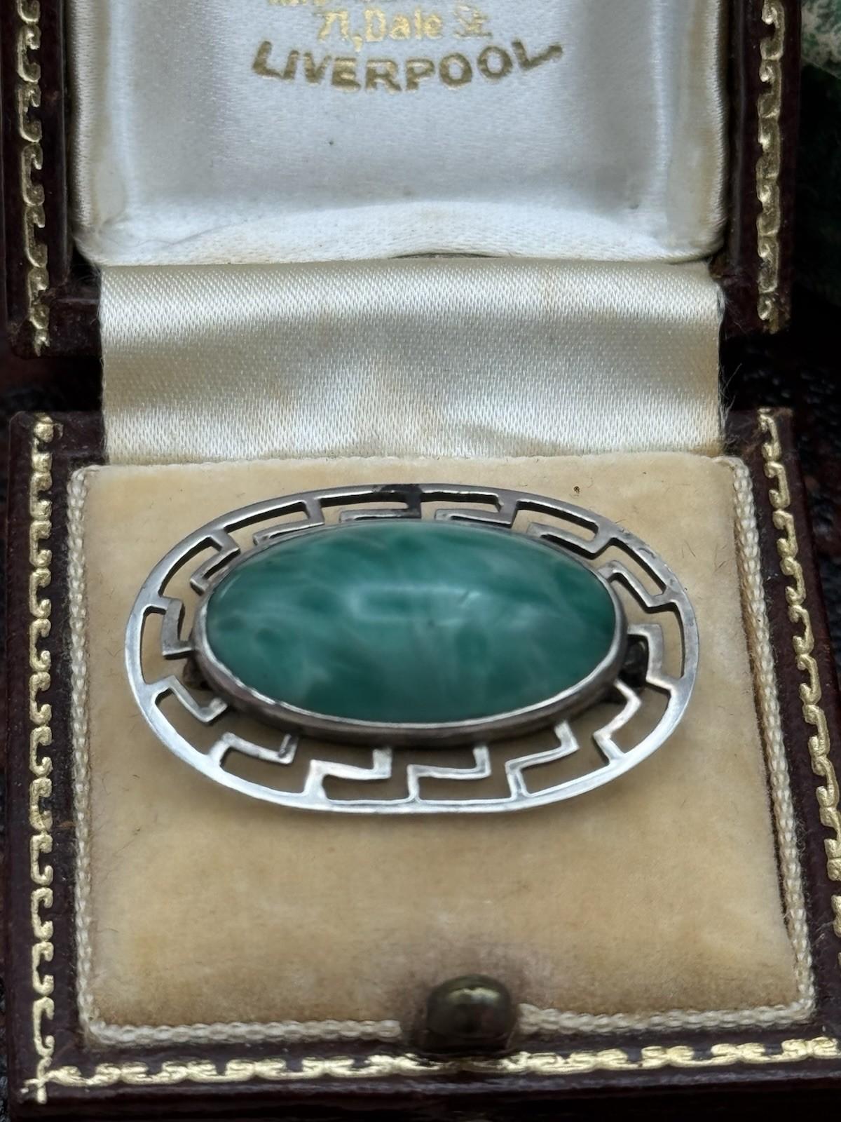 Antique Sterling Greek Key Brooch Green Art Glass Cabochon 1.25in Pin