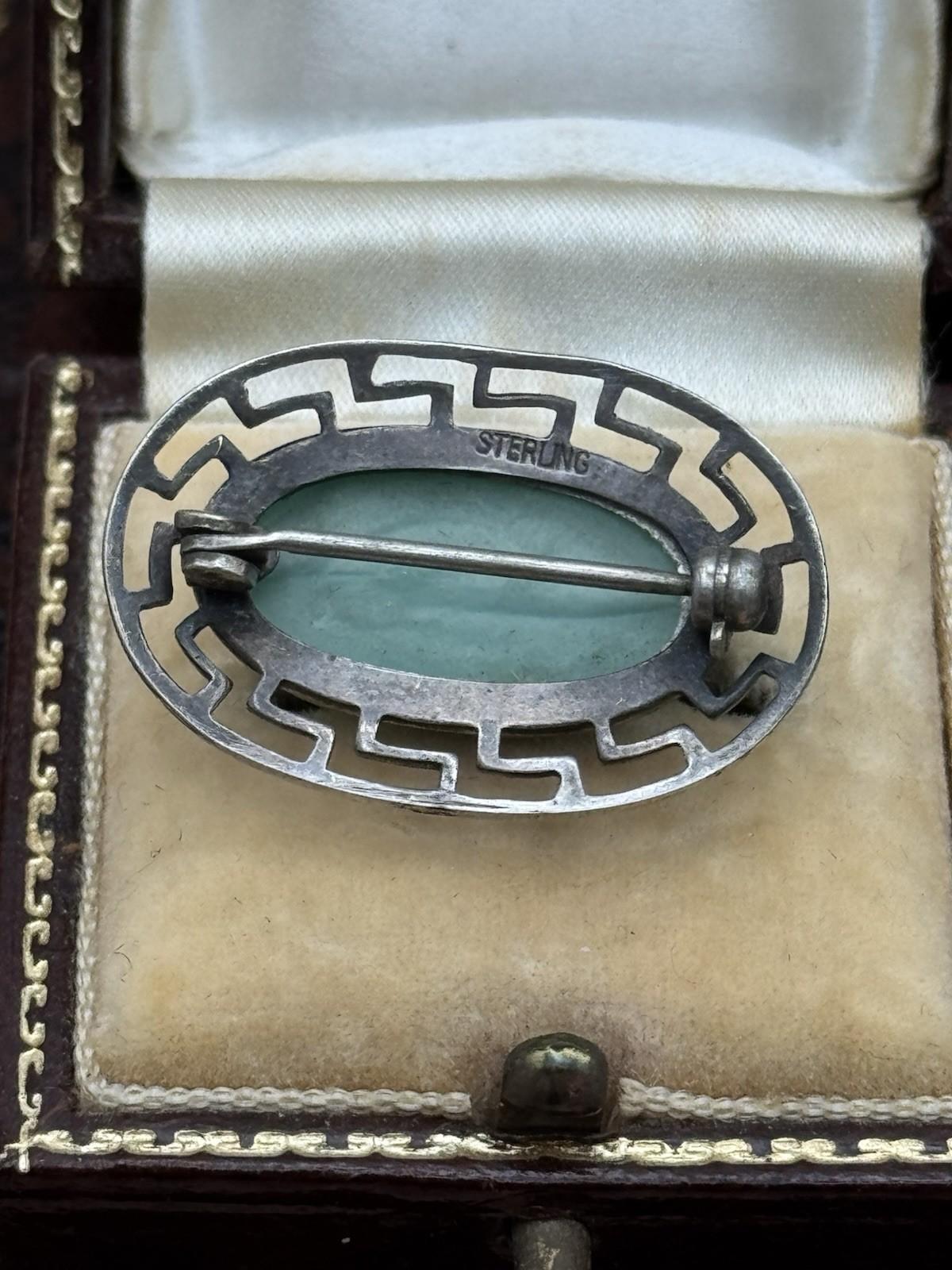 Antique Sterling Greek Key Brooch Green Art Glass Cabochon 1.25in Pin