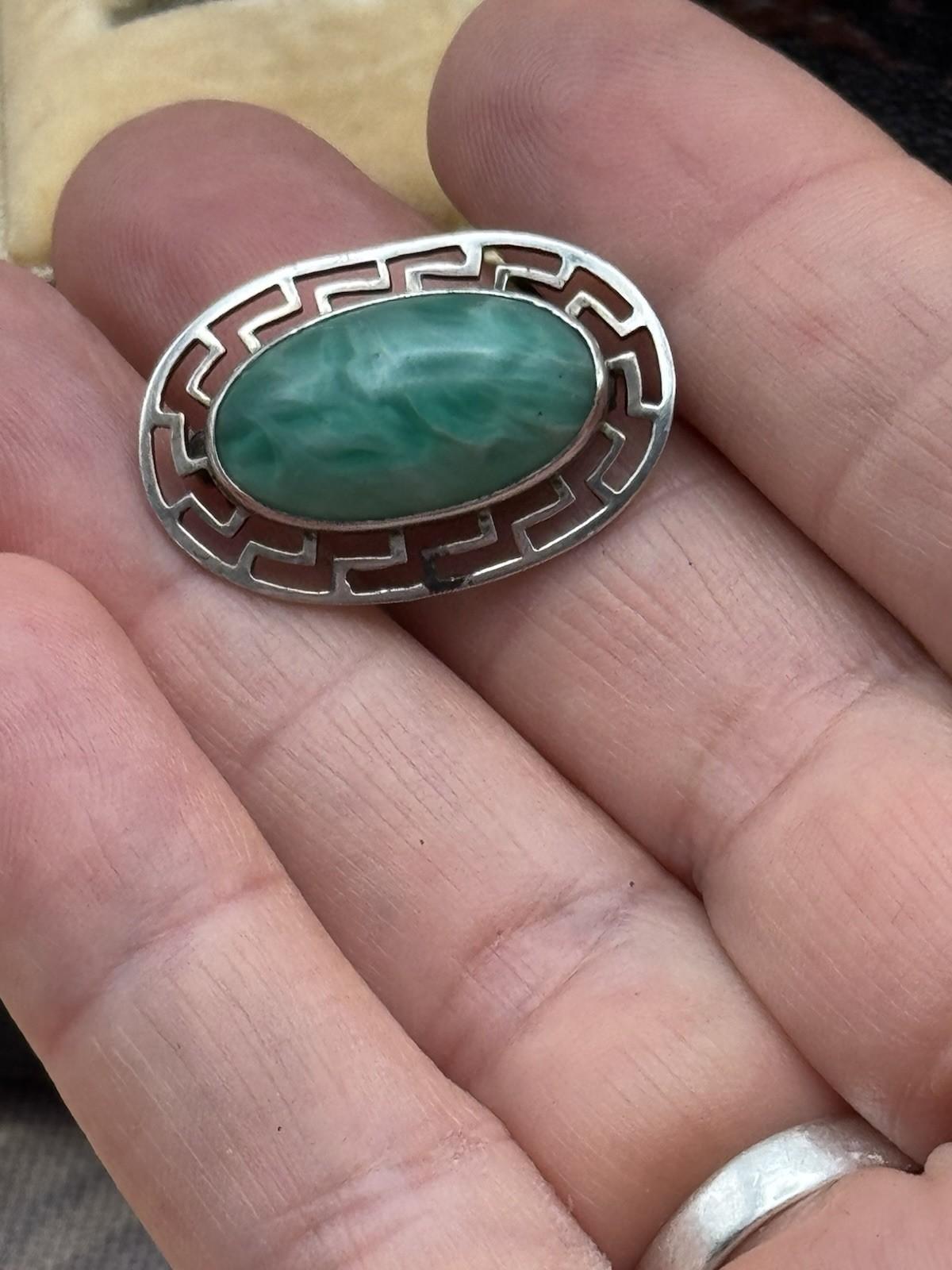 Antique Sterling Greek Key Brooch Green Art Glass Cabochon 1.25in Pin