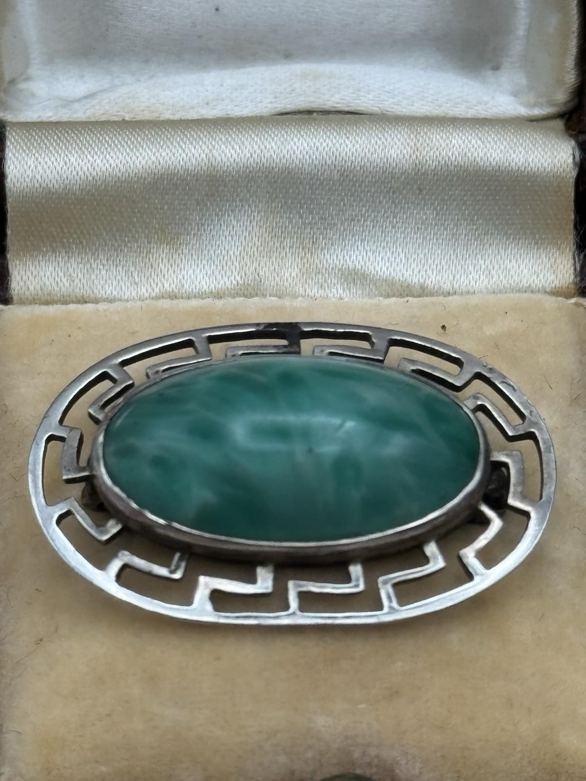 Antique Sterling Greek Key Brooch Green Art Glass Cabochon 1.25in Pin