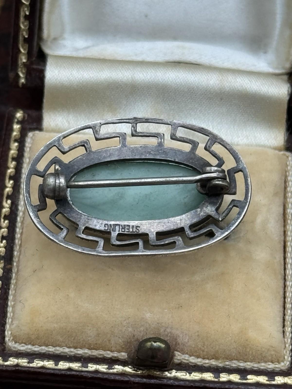 Antique Sterling Greek Key Brooch Green Art Glass Cabochon 1.25in Pin