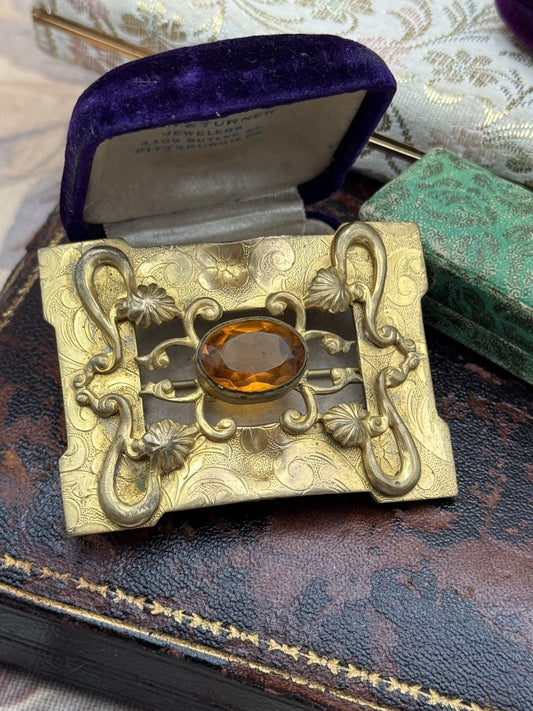 Antique Sash Brooch Art Nouveau Ornate Brass Orange Glass Jewel 2.75 x 2”