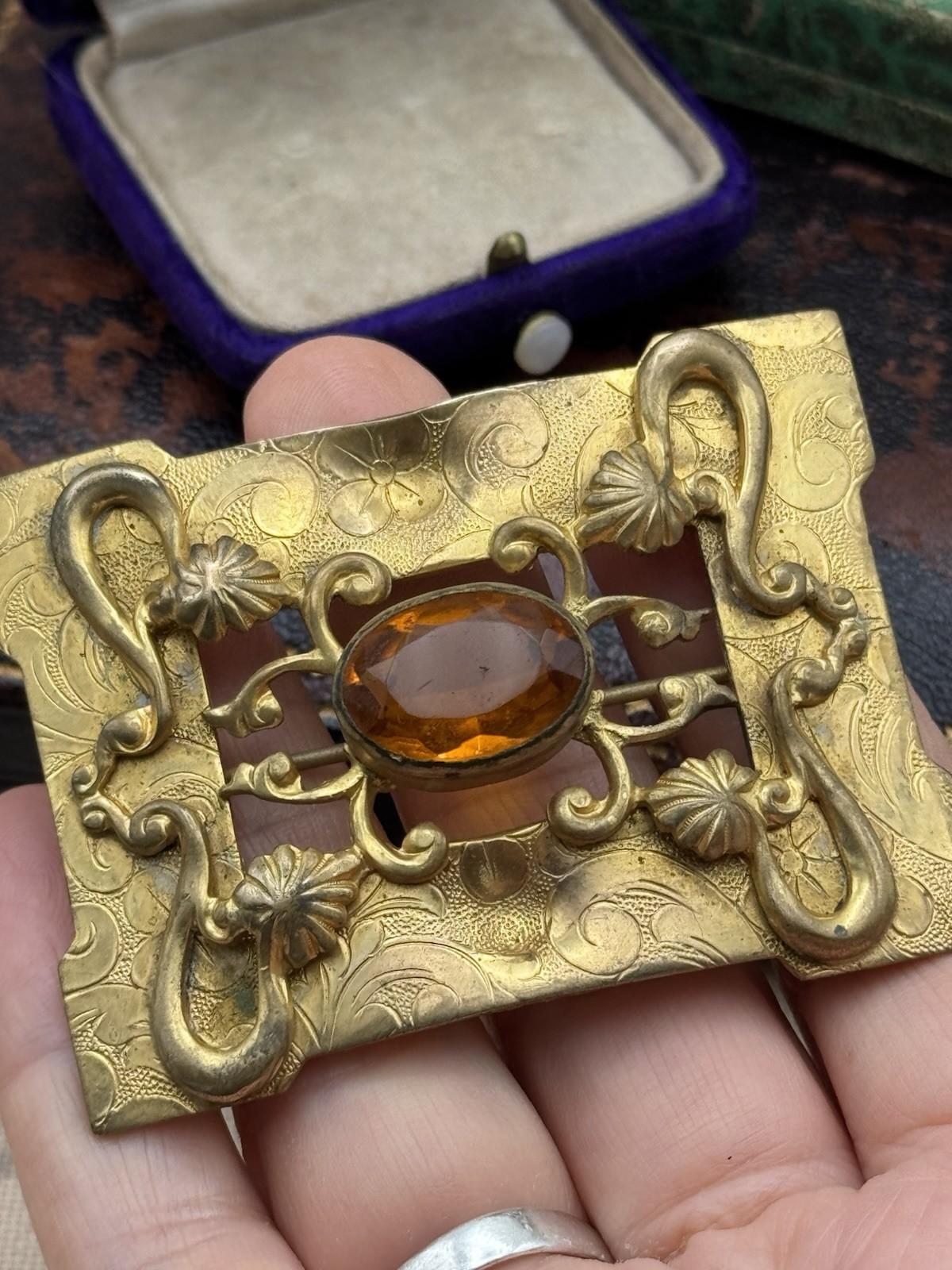 Antique Sash Brooch Art Nouveau Ornate Brass Orange Glass Jewel 2.75 x 2”