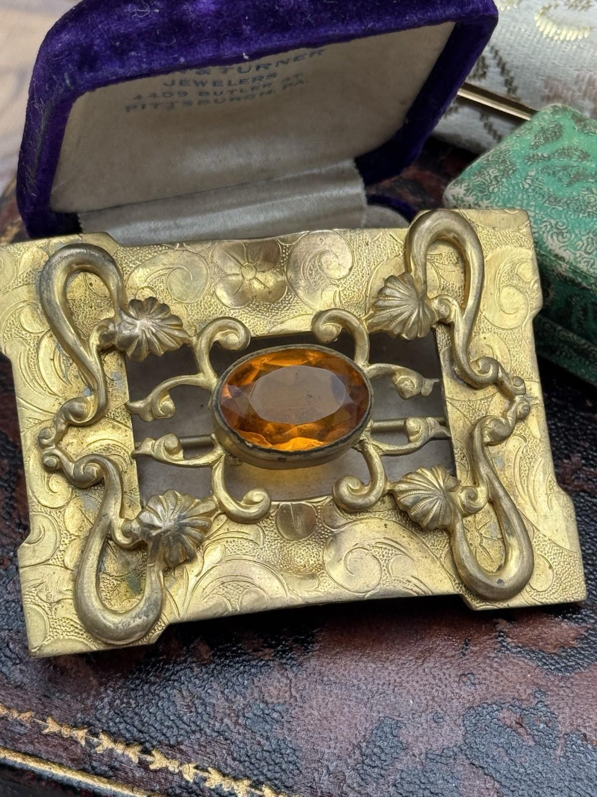 Antique Sash Brooch Art Nouveau Ornate Brass Orange Glass Jewel 2.75 x 2”