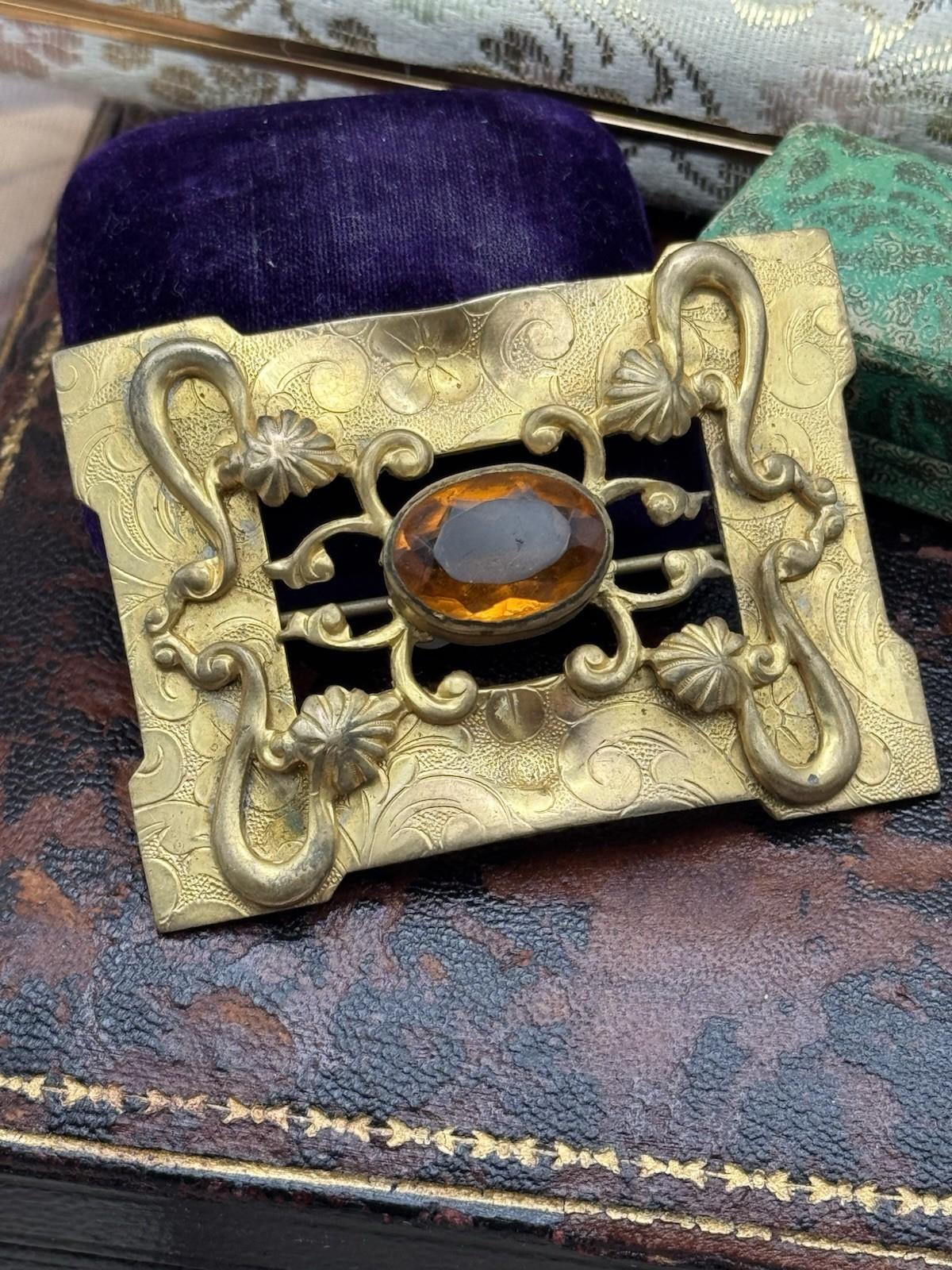 Antique Sash Brooch Art Nouveau Ornate Brass Orange Glass Jewel 2.75 x 2”