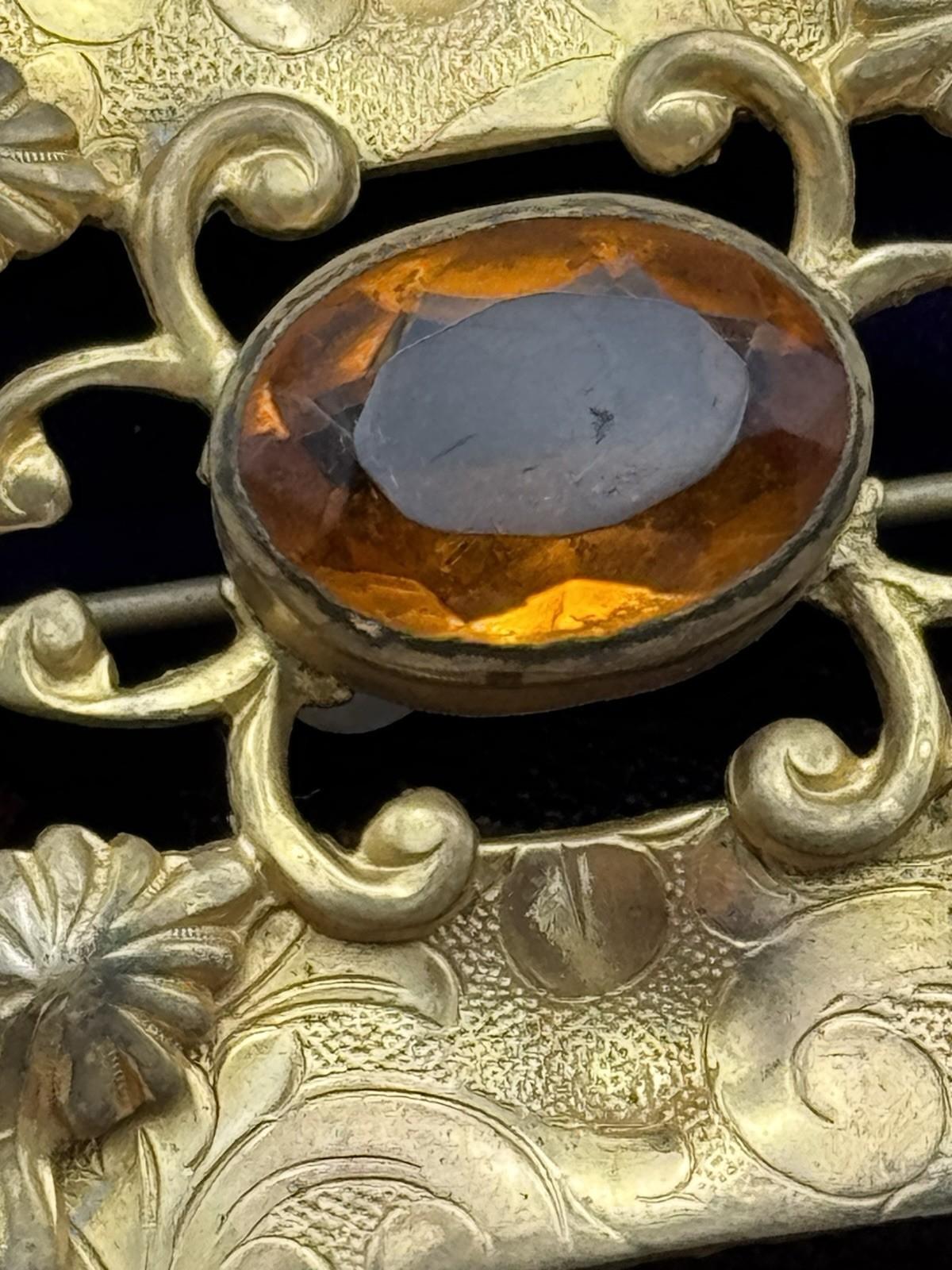 Antique Sash Brooch Art Nouveau Ornate Brass Orange Glass Jewel 2.75 x 2”