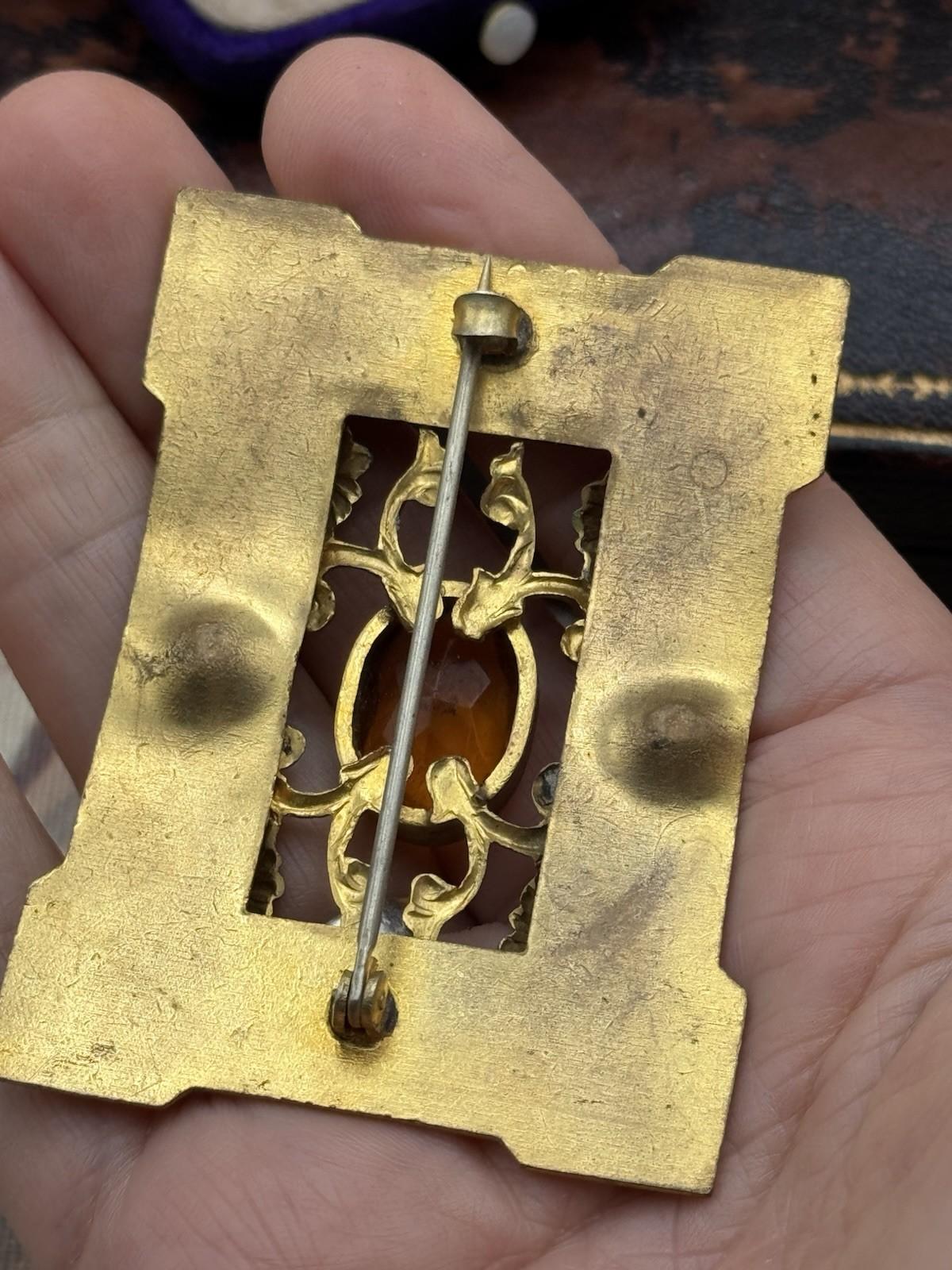 Antique Sash Brooch Art Nouveau Ornate Brass Orange Glass Jewel 2.75 x 2”
