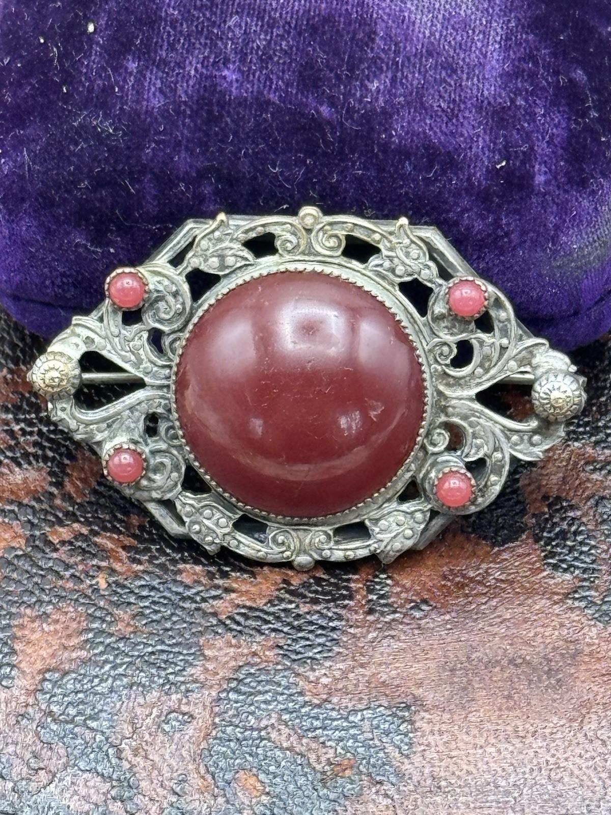 Antique Brooch Red Garnet Cabochon Art Nouveau Filigree Openwork Pin Vintage