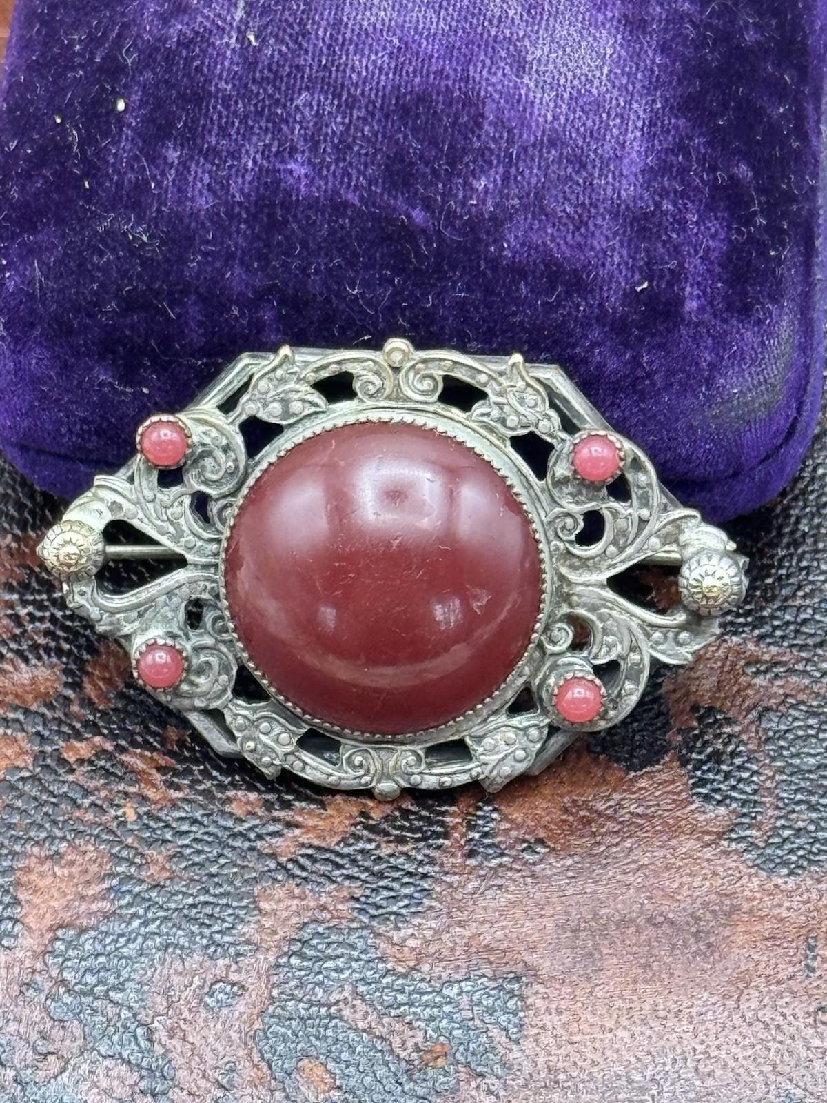 Antique Brooch Red Garnet Cabochon Art Nouveau Filigree Openwork Pin Vintage