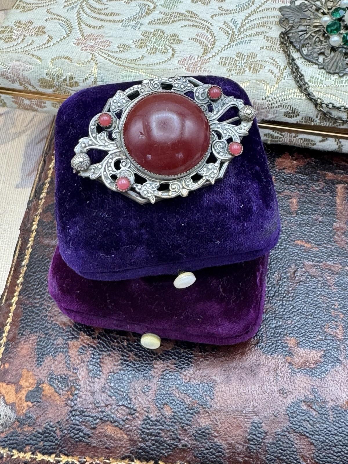 Antique Brooch Red Garnet Cabochon Art Nouveau Filigree Openwork Pin Vintage