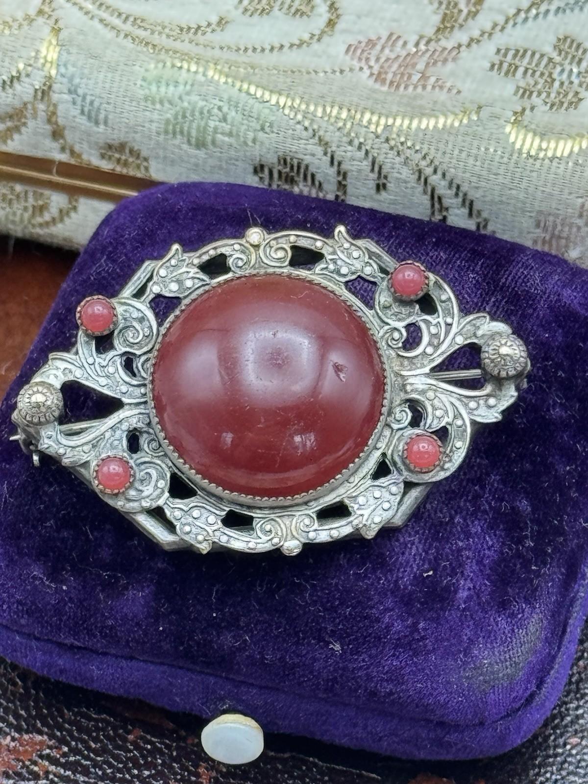 Antique Brooch Red Garnet Cabochon Art Nouveau Filigree Openwork Pin Vintage