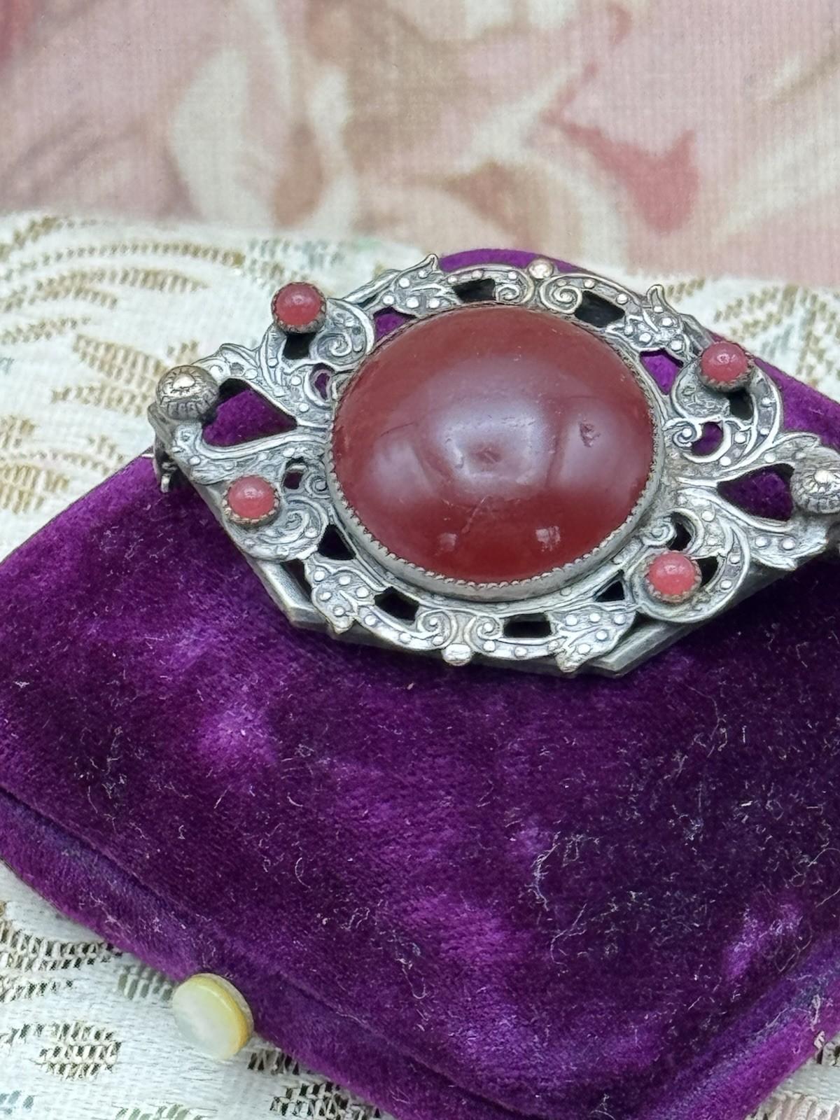 Antique Brooch Red Garnet Cabochon Art Nouveau Filigree Openwork Pin Vintage