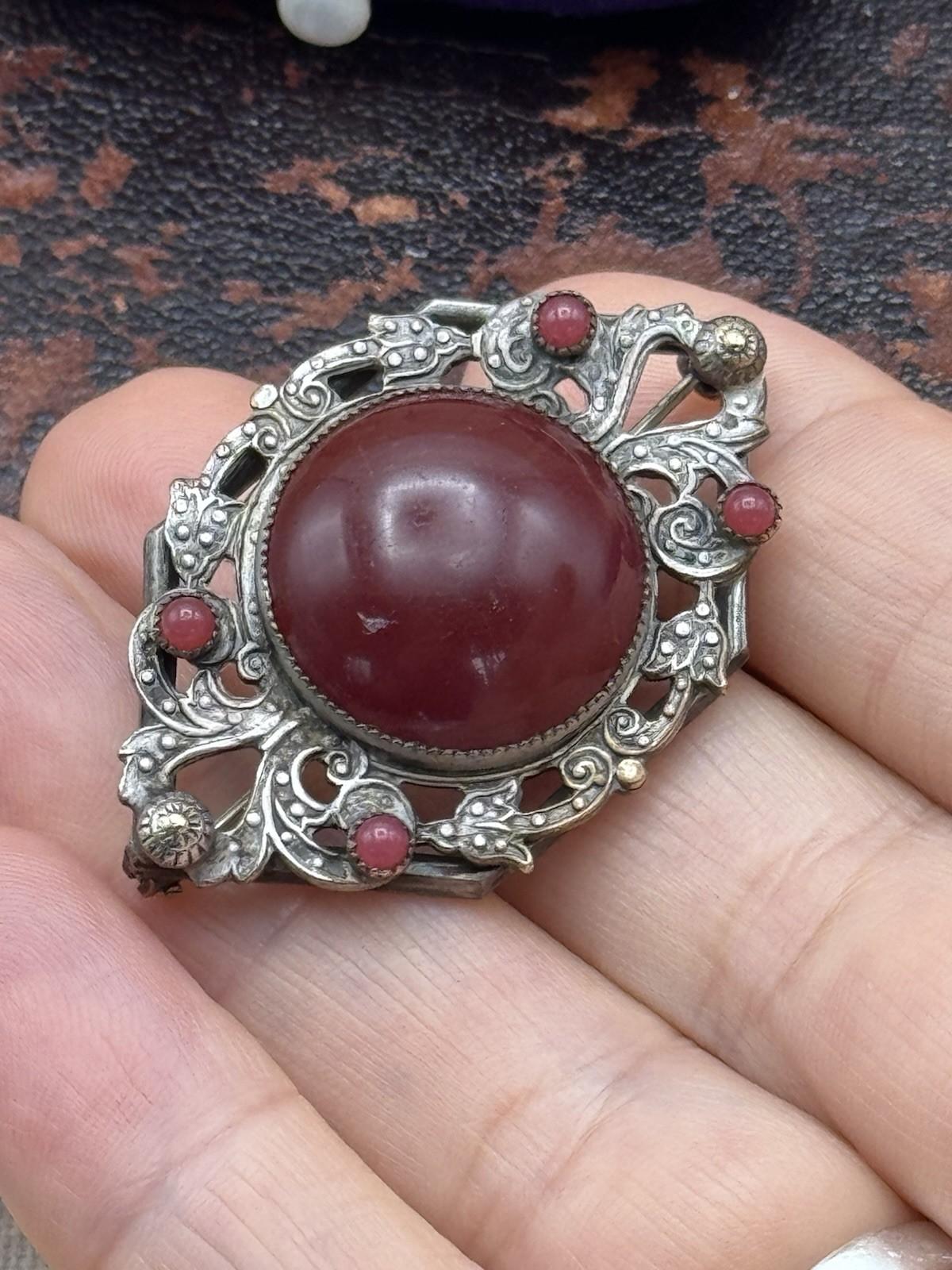 Antique Brooch Red Garnet Cabochon Art Nouveau Filigree Openwork Pin Vintage