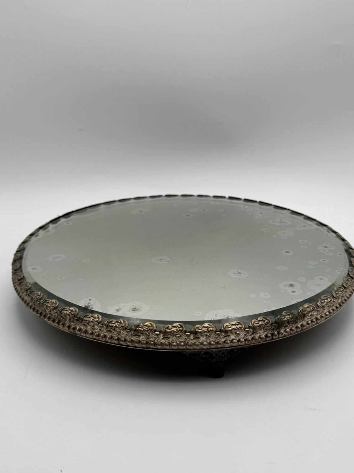 Antique Mirror Plateau Art Nouveau Dresser Vanity Tray 12in Centerpiece Round