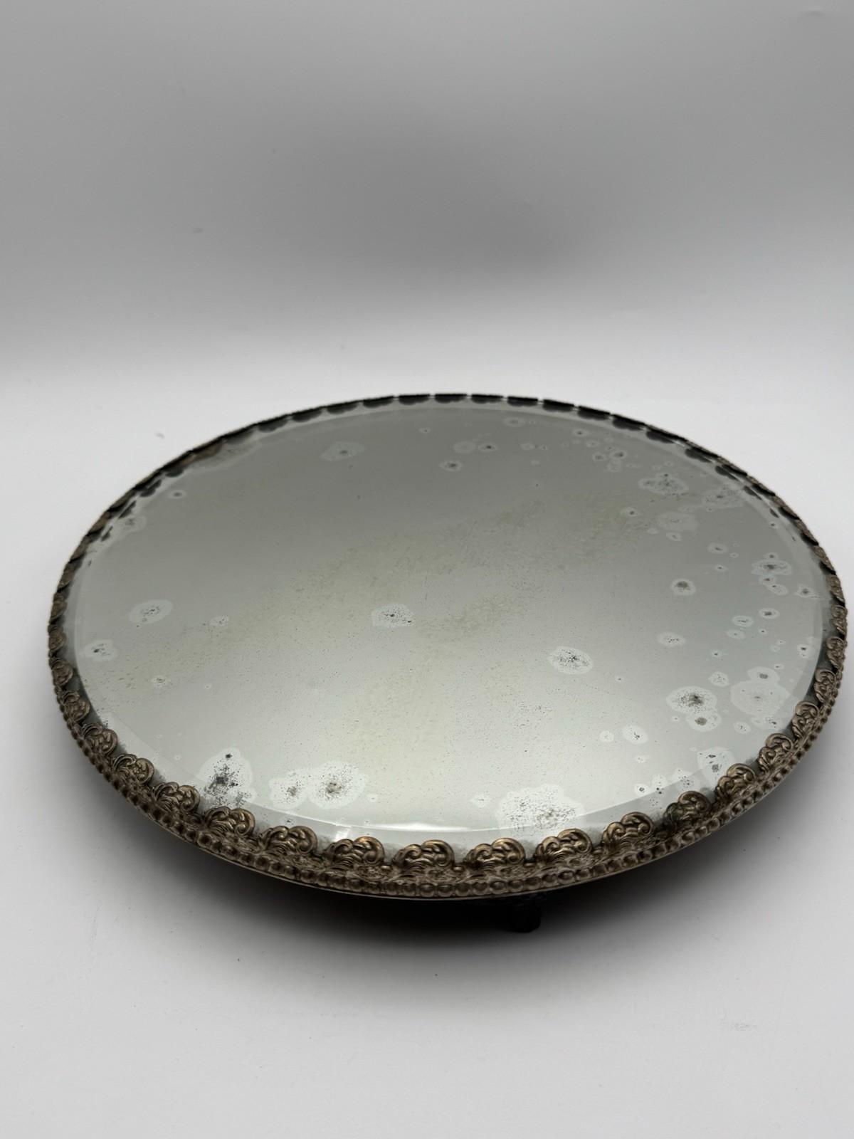 Antique Mirror Plateau Art Nouveau Dresser Vanity Tray 12in Centerpiece Round