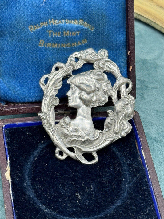 Vintage Cameo Brooch Art Nouveau Silvertone Lady Large Floral Relief 2.25 x 2”