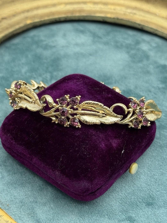 Vintage Bracelet Signed STAR Goldtone Purple Rhinestone Floral Leaf 7.25in 0.5in