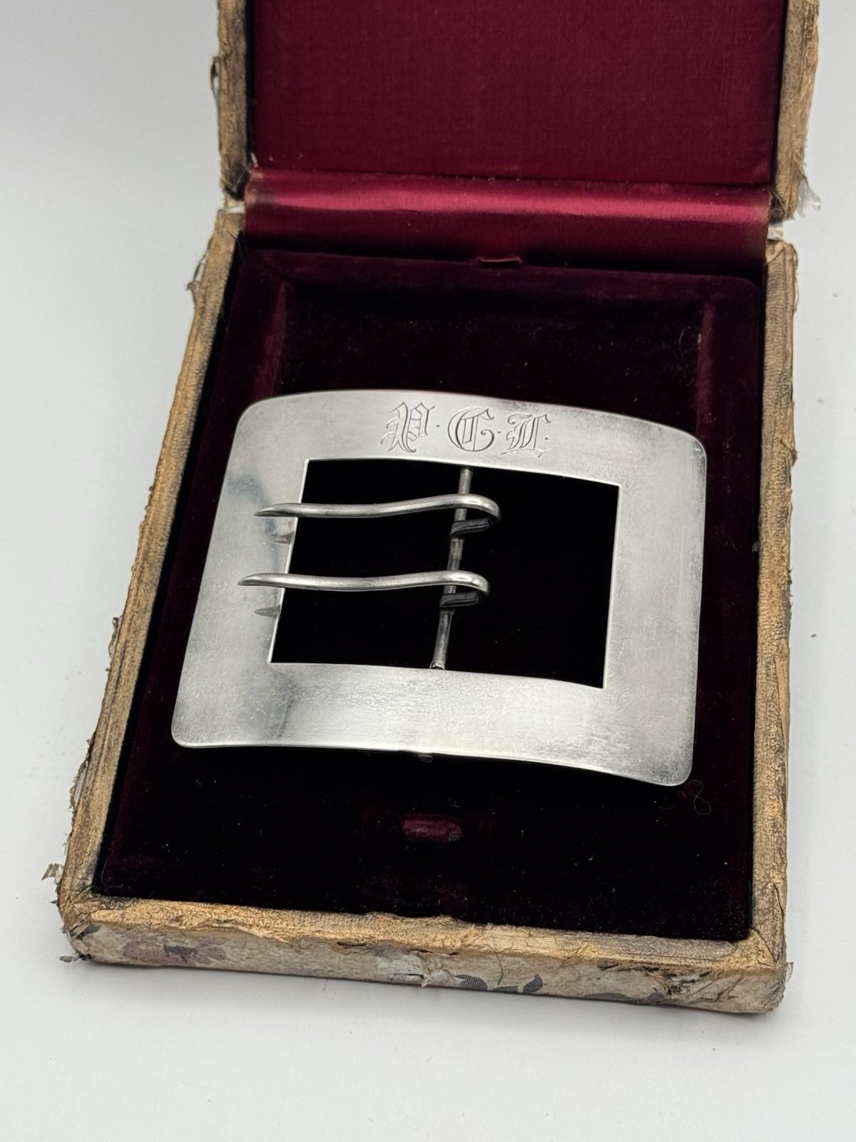 Antique Sterling Silver Belt Buckle Monogram PGL 54.4g Circa 3.5 x 3.15in