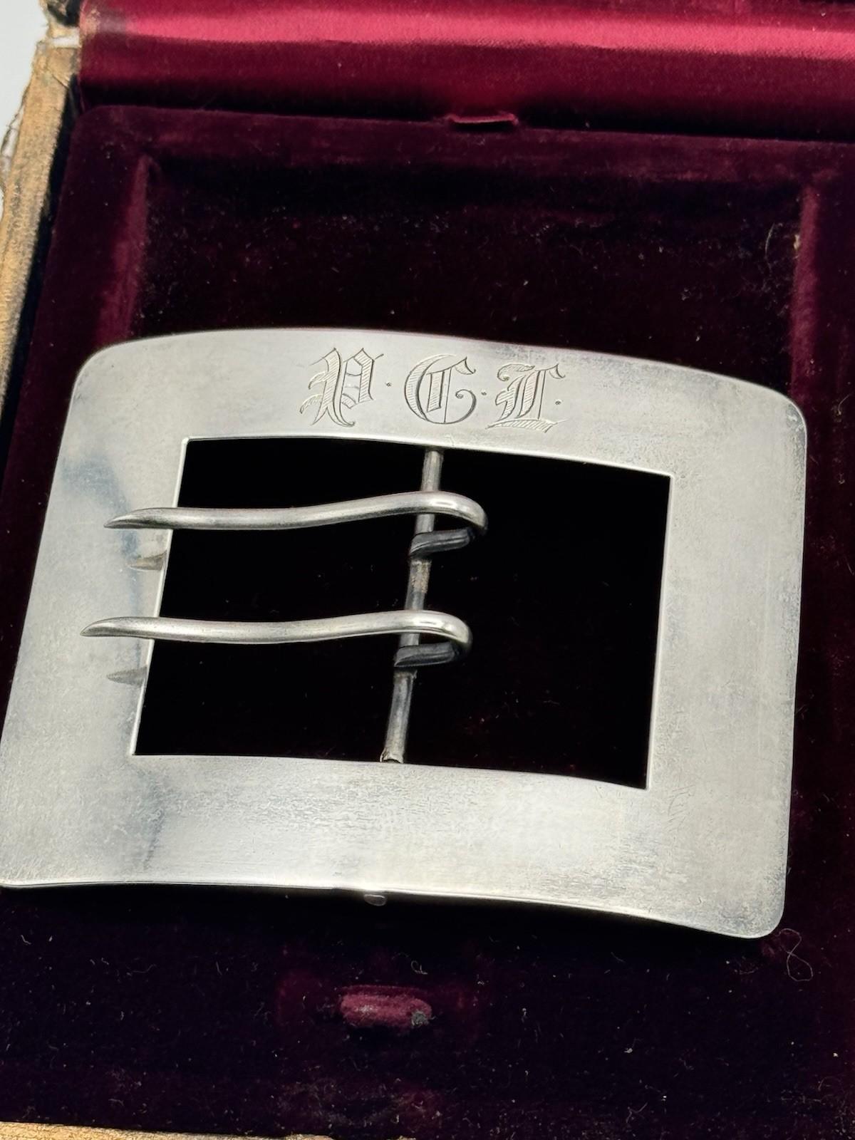 Antique Sterling Silver Belt Buckle Monogram PGL 54.4g Circa 3.5 x 3.15in