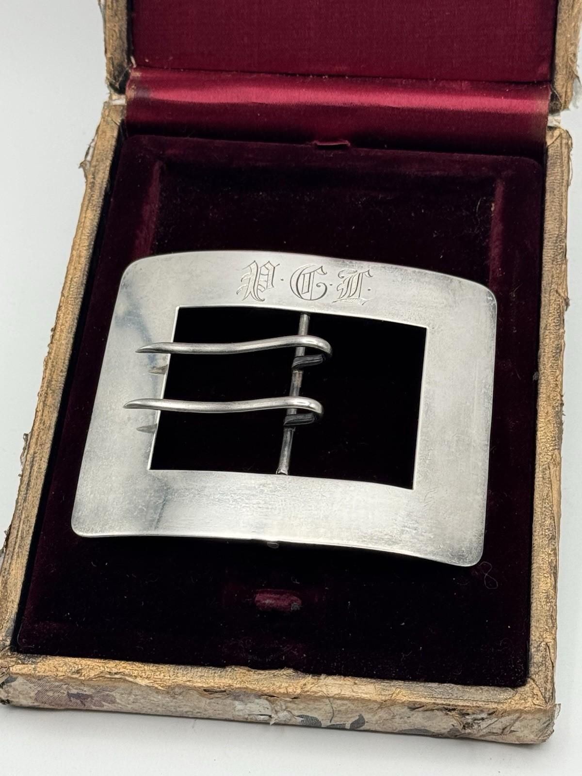 Antique Sterling Silver Belt Buckle Monogram PGL 54.4g Circa 3.5 x 3.15in