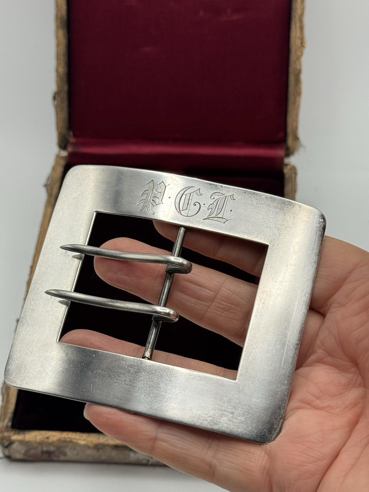 Antique Sterling Silver Belt Buckle Monogram PGL 54.4g Circa 3.5 x 3.15in