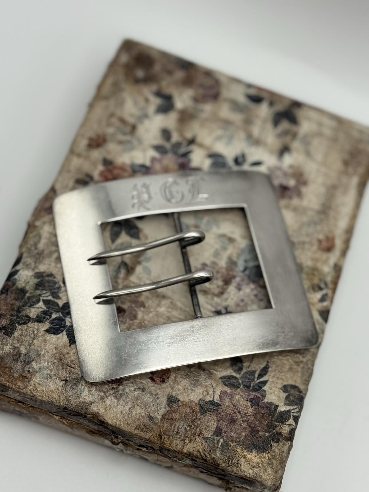 Antique Sterling Silver Belt Buckle Monogram PGL 54.4g Circa 3.5 x 3.15in