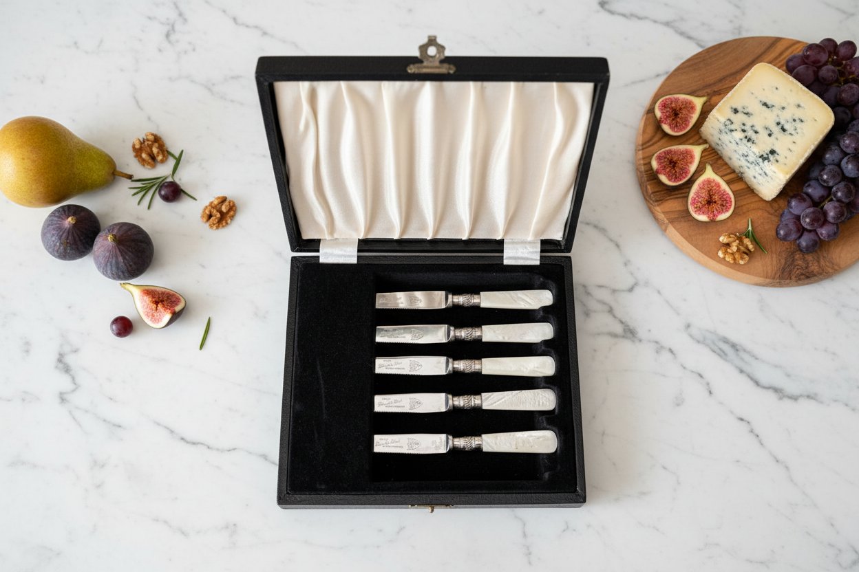 Mother Of Pearl Knives Vintage Sheffield Set Six Sterling Ferrule Cased 6.3in