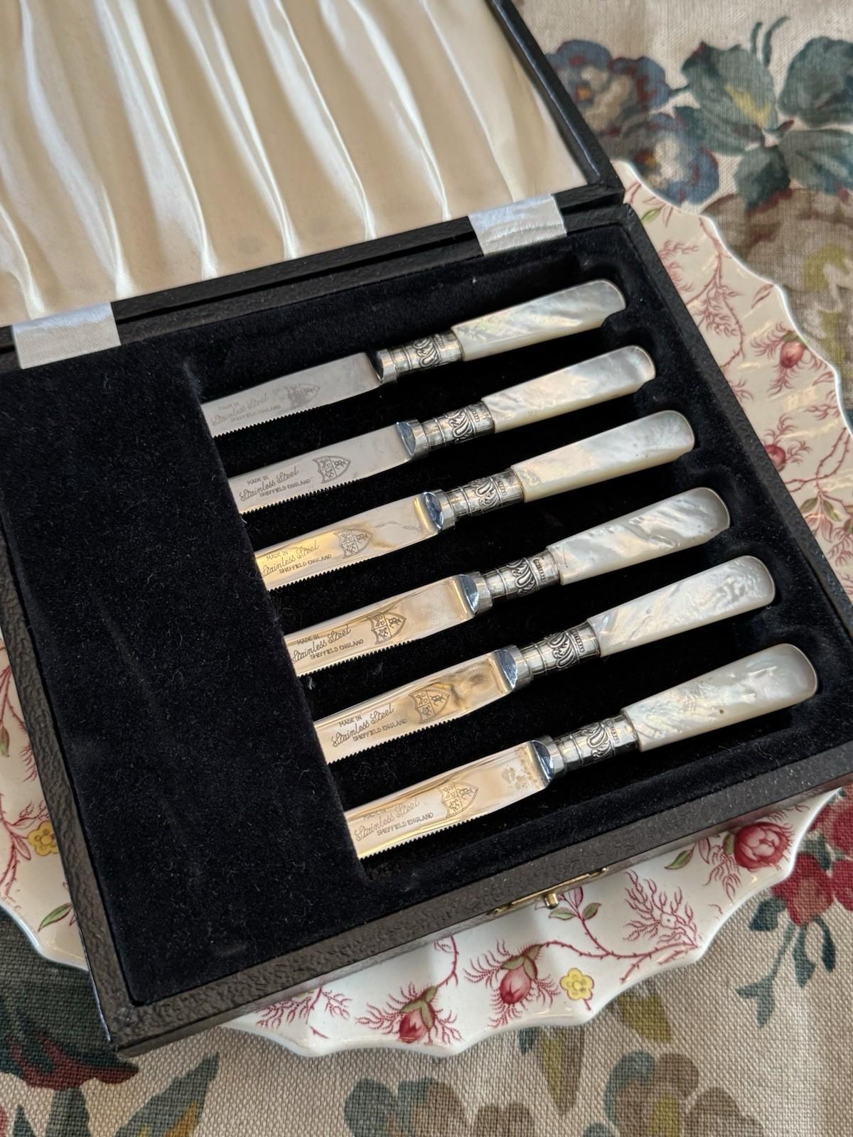 Mother Of Pearl Knives Vintage Sheffield Set Six Sterling Ferrule Cased 6.3in