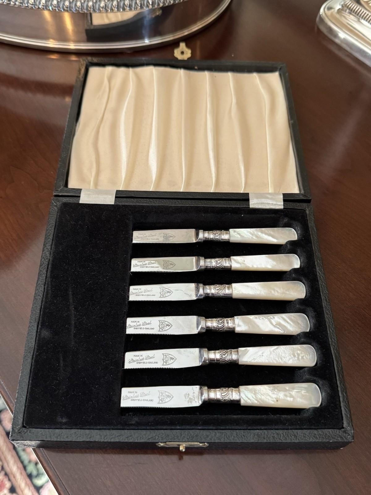 Mother Of Pearl Knives Vintage Sheffield Set Six Sterling Ferrule Cased 6.3in