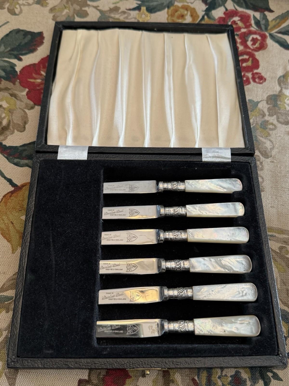Mother Of Pearl Knives Vintage Sheffield Set Six Sterling Ferrule Cased 6.3in
