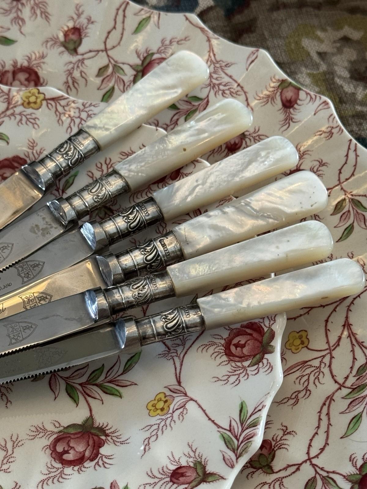 Mother Of Pearl Knives Vintage Sheffield Set Six Sterling Ferrule Cased 6.3in