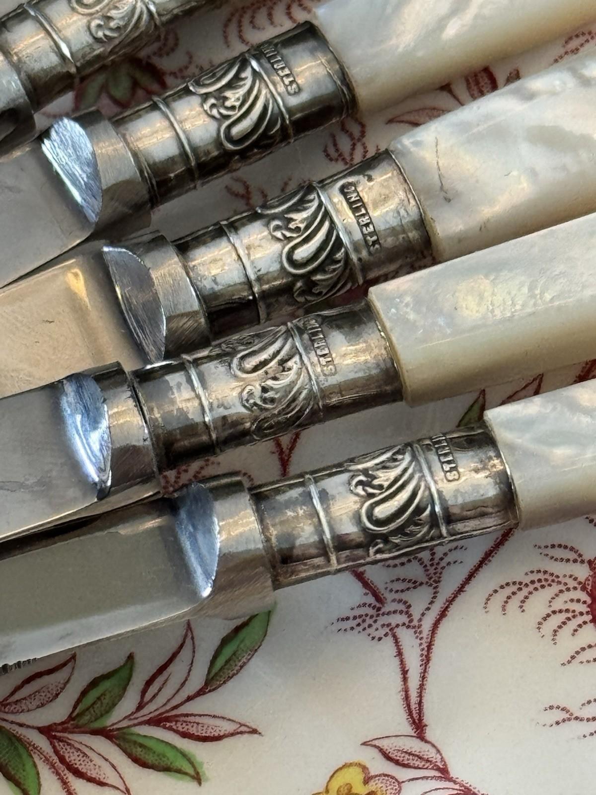 Mother Of Pearl Knives Vintage Sheffield Set Six Sterling Ferrule Cased 6.3in