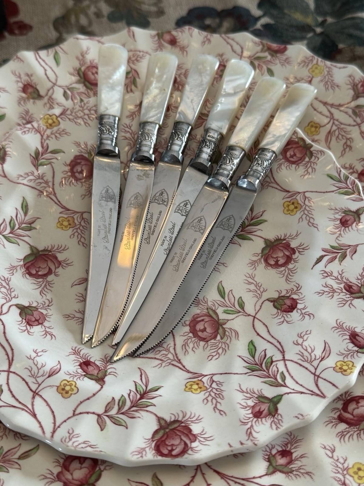 Mother Of Pearl Knives Vintage Sheffield Set Six Sterling Ferrule Cased 6.3in