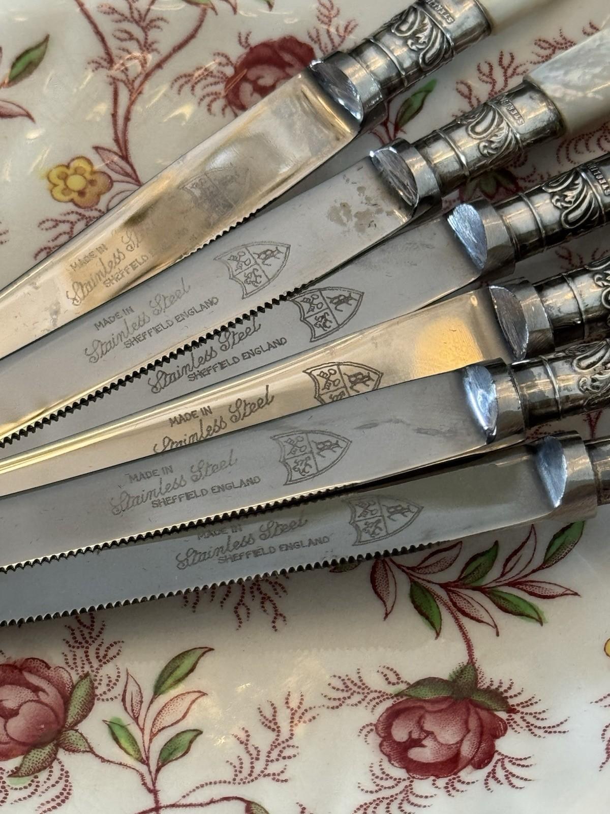 Mother Of Pearl Knives Vintage Sheffield Set Six Sterling Ferrule Cased 6.3in