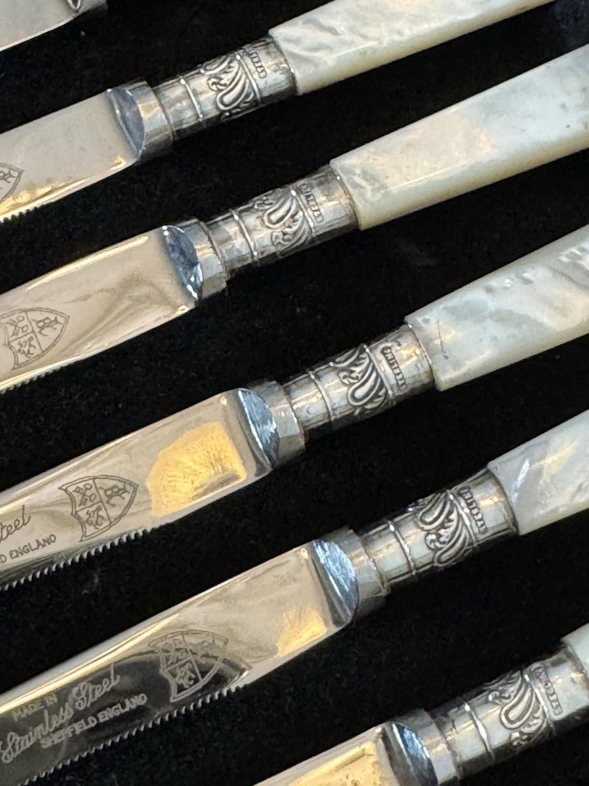 Mother Of Pearl Knives Vintage Sheffield Set Six Sterling Ferrule Cased 6.3in